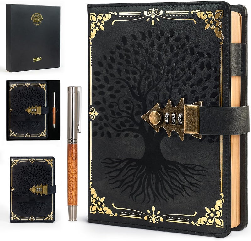 WEMATE Locked Journal with Pen & Gift Box, A5 260 Pages, Refillable, Hardcover Leather Password Notebook for Writing,Vintage Locking Diary for Women, Girls, Men, Students, 8.6 x 5.8 in, Black - Image 1